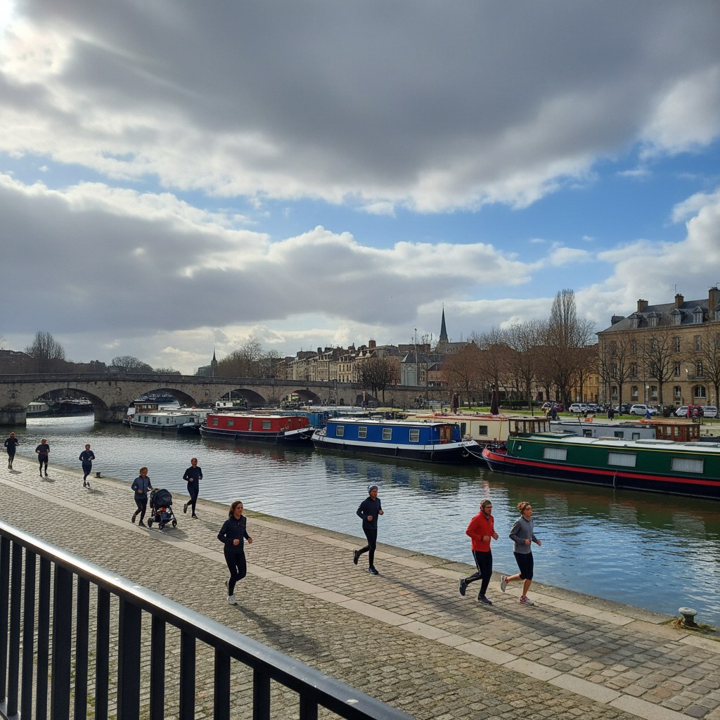 Canal de Dijon peniches et promeneurs au port du Canal