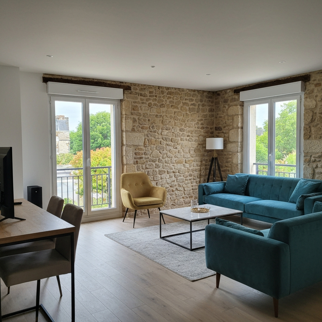 Appartement rénové meublé à Dijon avec mur en pierre de Bourgogne