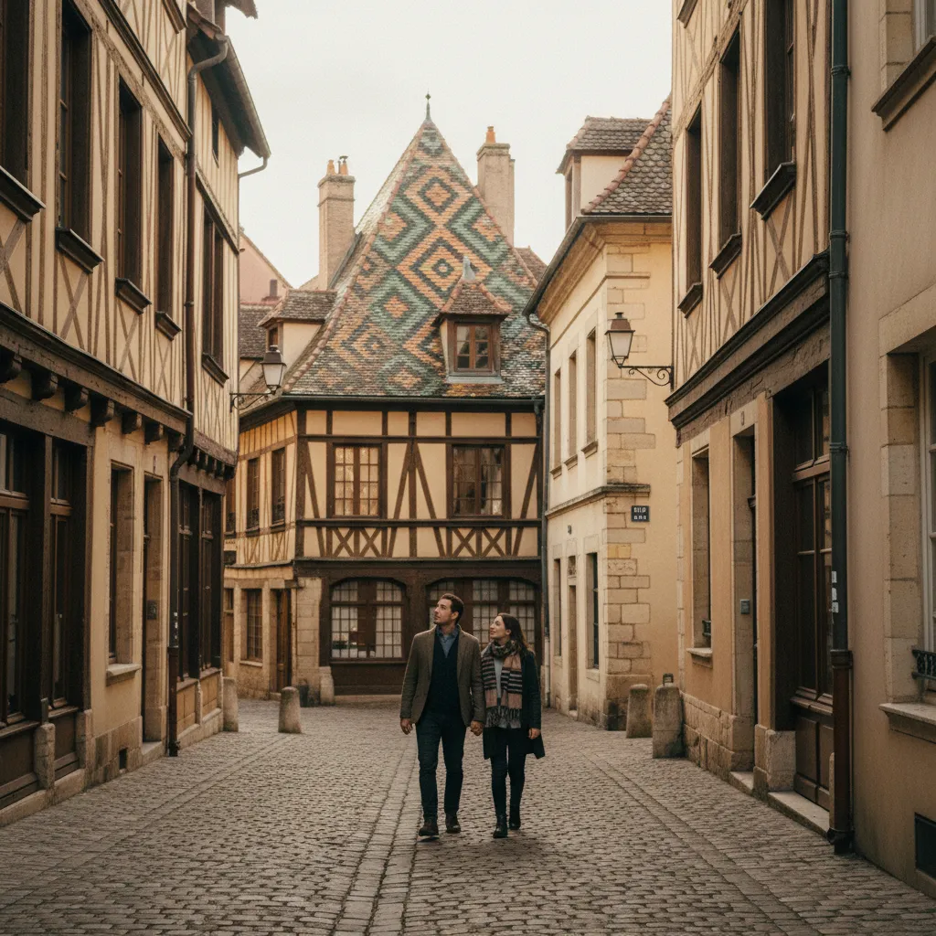 Rue piétonne du centre ancien de Dijon avec ses maisons à colombages classées
