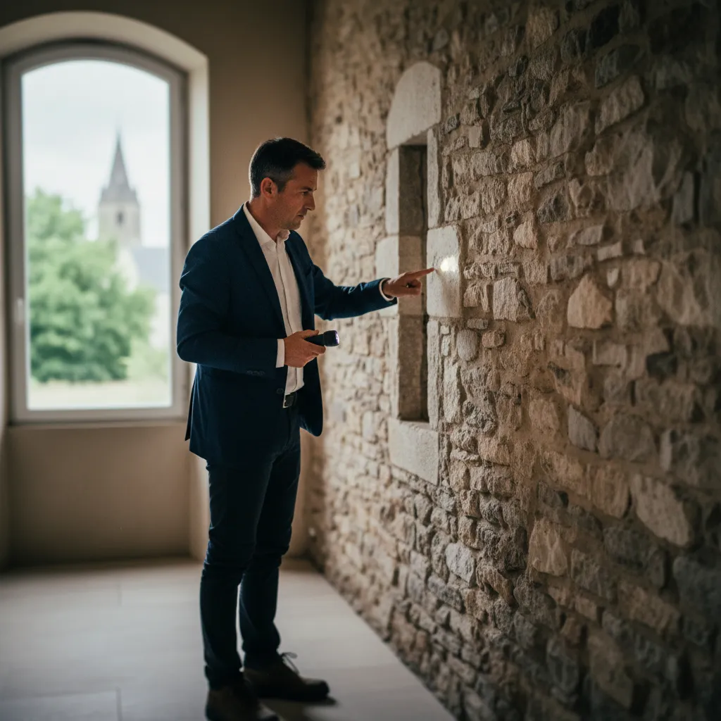 Inspection des murs en pierre lors de la visite d'une maison ancienne en centre-ville