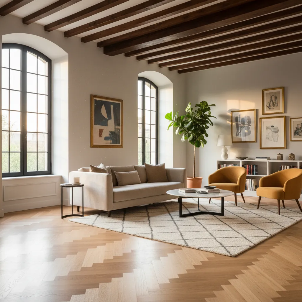 Salon rénové d'une maison bourgeoise du centre de Dijon avec poutres apparentes