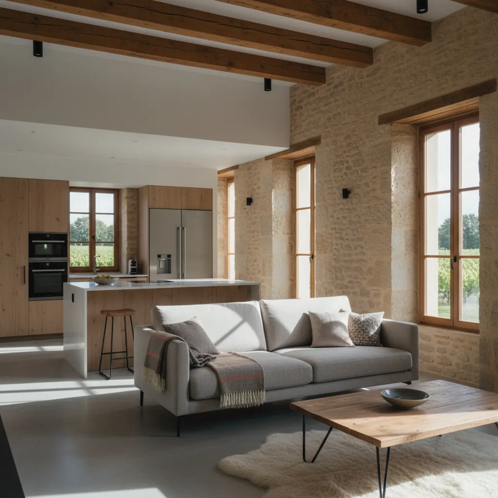 Intérieur rénové d'une maison de caractère à Montbard alliant pierre apparente et confort moderne