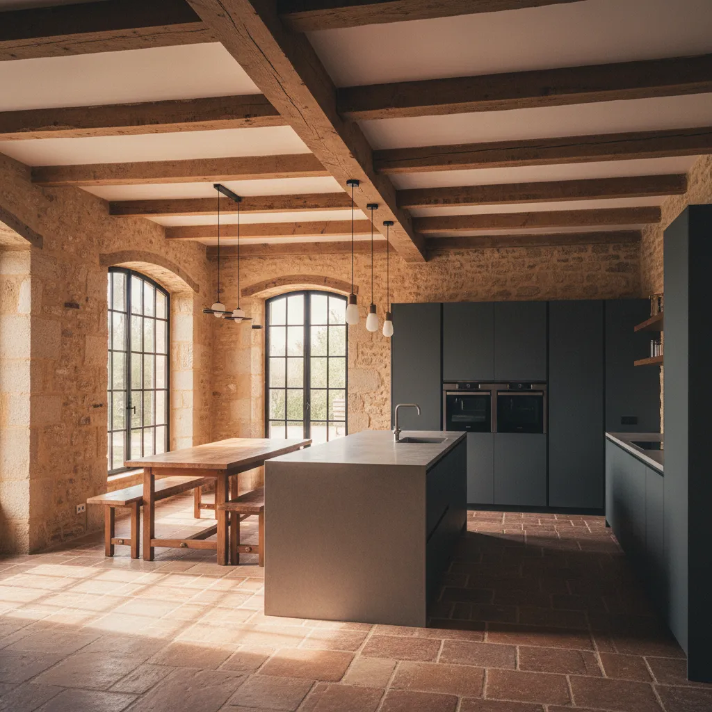 Intérieur rénové d'une maison vigneronne alliant pierre apparente et confort moderne